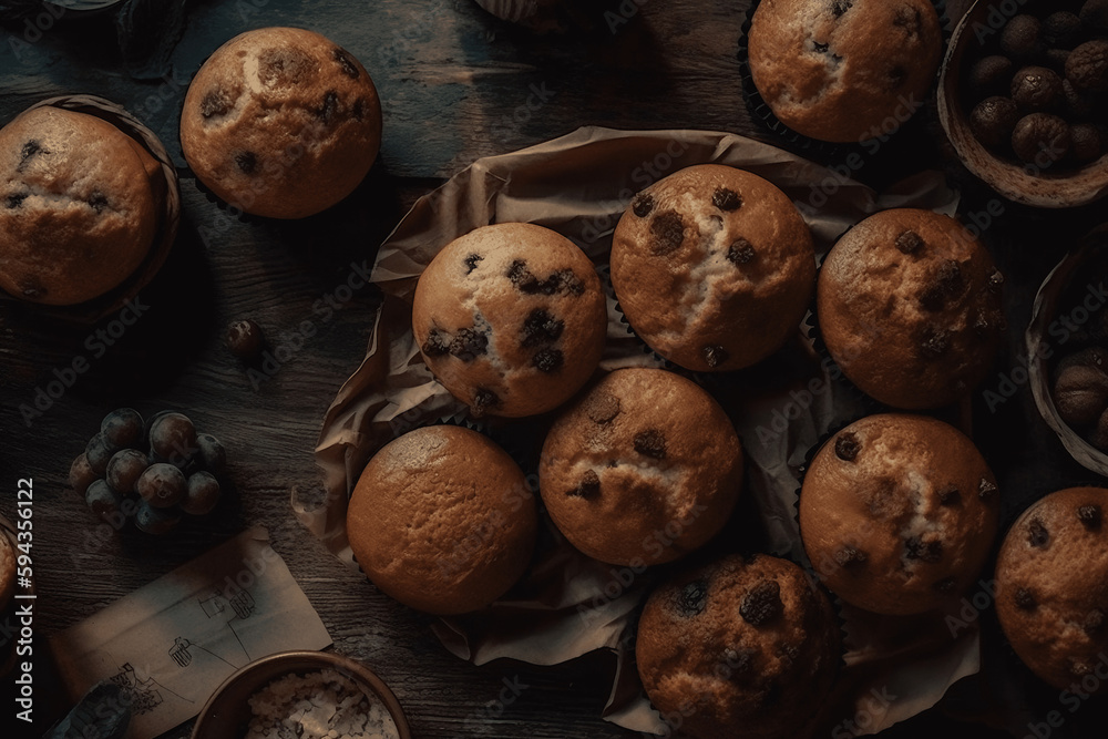 Freshly homemade baked chocolate chips muffins with icing on the wooden table close-up, top view, Generative AI