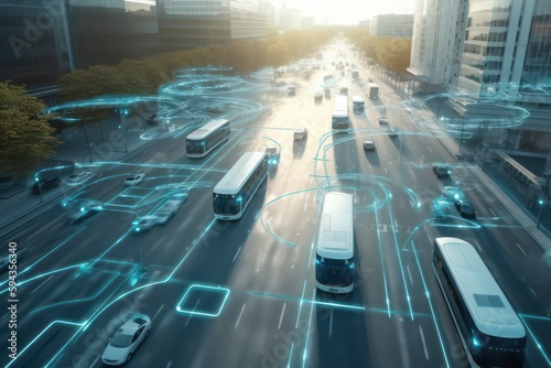 Overhead view of roads in a futuristic city with autonomous vehicles, overlay vehicle tracking system, advanced traffic management, intelligent transportation, and smart city concepts, generative ai