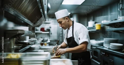 Candid photo of a young male chef preparing food in a restaurant kitchen, displaying culinary expertise and passion, ensuring delicious and high-quality dishes for patrons to enjoy, generative ai photo