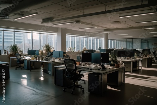 Empty modern office with no employees due to remote work trend, reflecting the impact of flexible working arrangements and the rise of remote work culture on traditional office spaces, generative ai photo