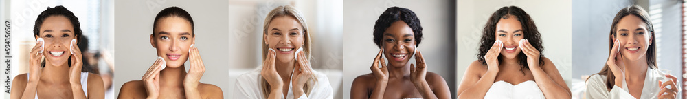 Skincare Routine. Diverse Multiethnic Women Cleansing Skin With Cotton Pads Skincare Routine. Diverse Multiethnic Women Cleansing Skin With Cotton Pads