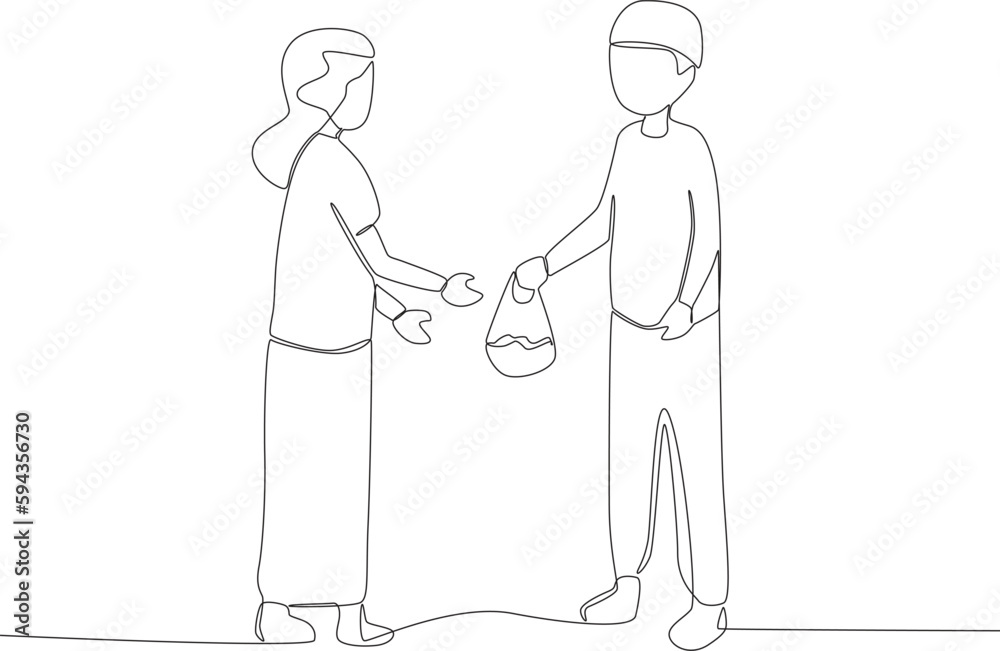 A boy distributes sacrificial meat to women. Eid al-Adha one-line drawing A boy distributes sacrificial meat to women. Eid al-Adha one-line drawing