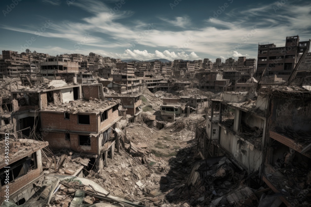 Fototapeta premium A earthquake has destroyed homes in a city, debris on the ground - Generative AI