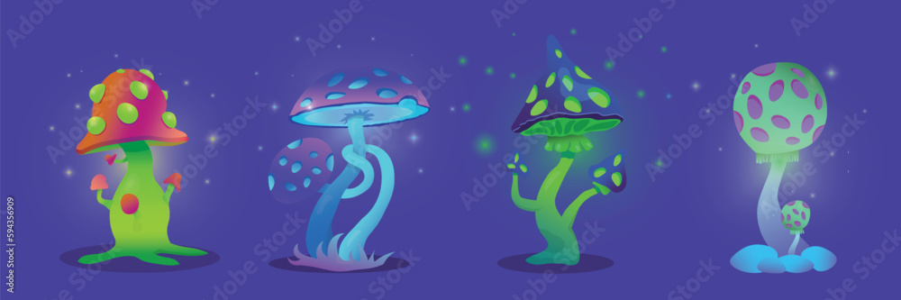 Mushrooms fantasy hallucinogenic cartoon psychedelic fairytale set , magical, alien plants. Fantastic fungus forest vector symbols illustrations set. EPS