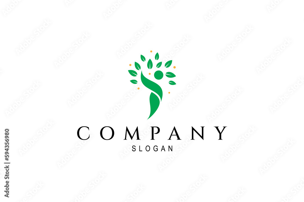 abstract logo vector in which the image of a healthy life person with green leaves in a flat design