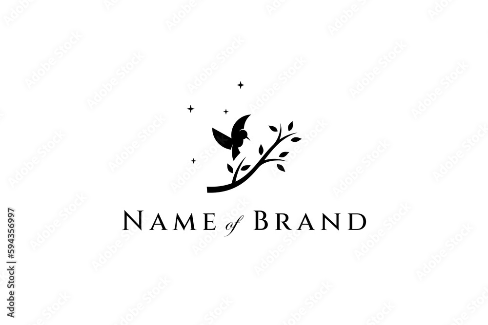 Vector logo in which a vector silhouette of a bird flies to a twig against a twinkling star background