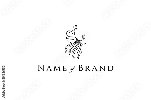 Peacock logo with beautiful tail decorated with leaves in linear design concept