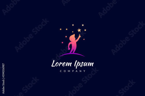 Child silhouette logo reaching for stars in colorful design