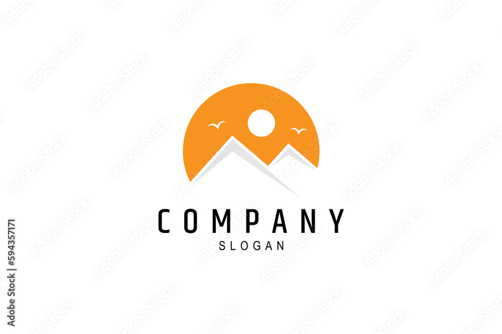 Mountain view logo with orange sky in circle frame