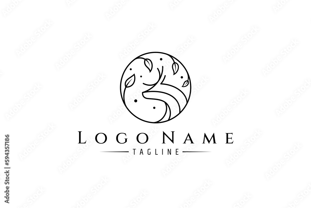 Fototapeta premium Deer animal logo with circle frame decorated with leaves in linear design