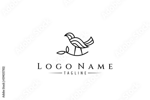 Bird logo with perched on tree branch in linear design style