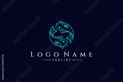 Pair of swimming fish logo with circle shape in blue color in line art design style