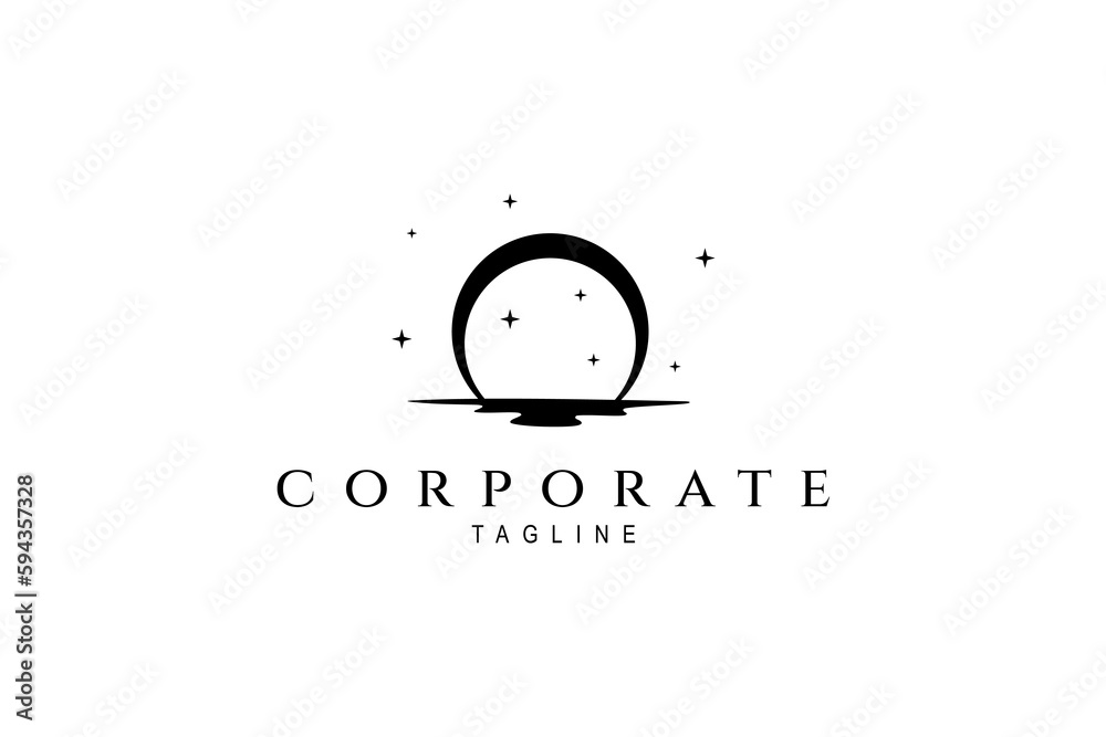 Moonscape logo on land expanse decorated with stars in flat design style Moonscape logo on land expanse decorated with stars in flat design style