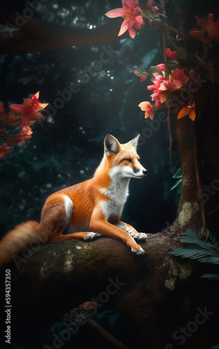 A fox lounges on a forest limb, enveloped by the soft embrace of twilight and autumnal blooms © Liana