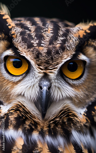 The close-up of an owl's face, with its striking yellow eyes, exudes a sense of wisdom and intensity from a focused gaze. © Liana