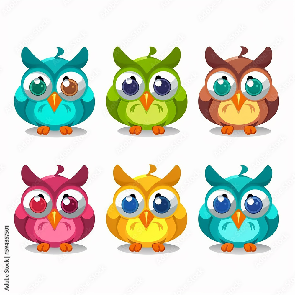 A delightful ensemble of cartoon owls, each with a distinctive personality, portrayed through a range of emotions from grumpy to cheerful. A delightful ensemble of cartoon owls, each with a distinctive personality, portrayed through a range of emotions from grumpy to cheerful.