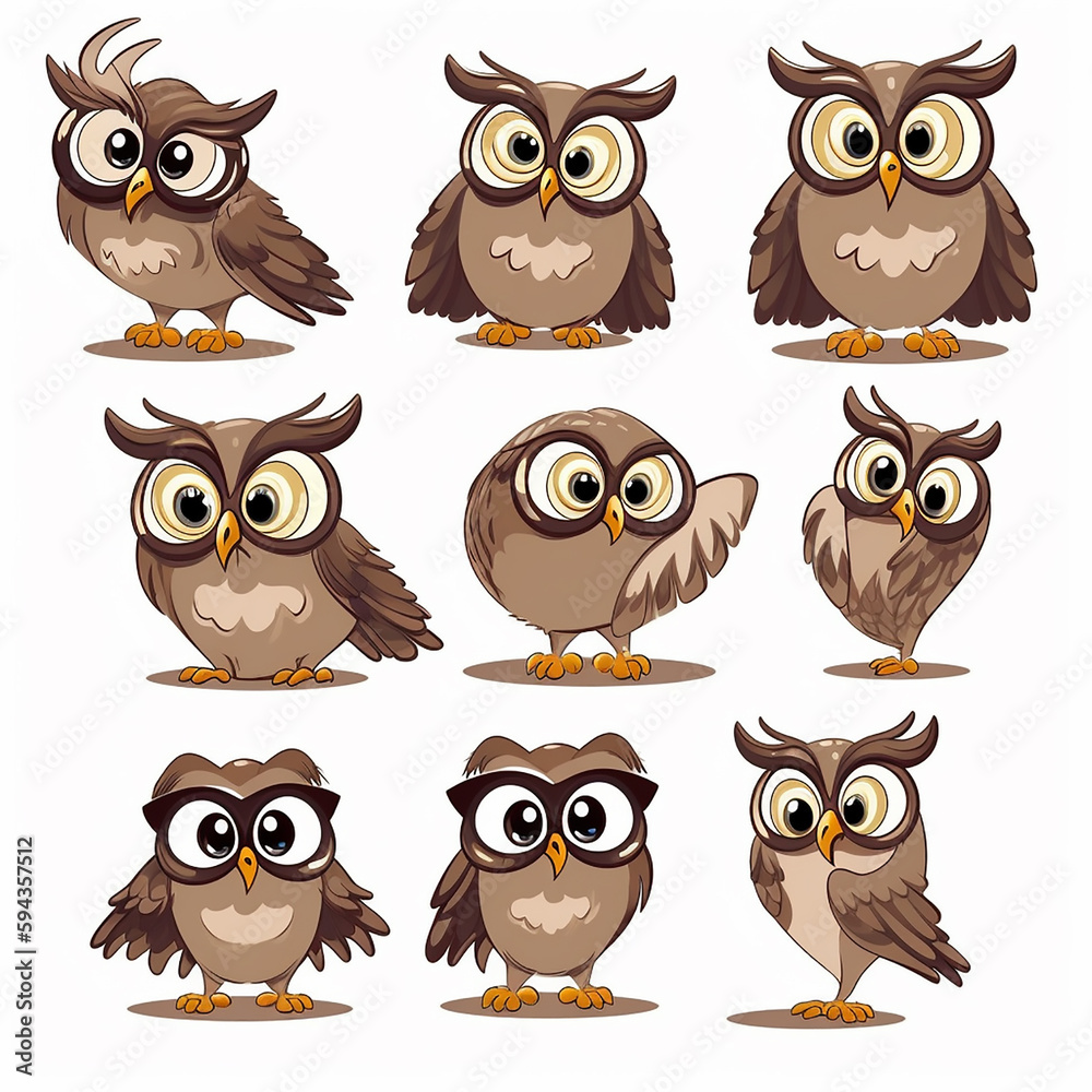 A group of owls with a range of expressions, wearing glasses that add a touch of wisdom and whimsy to their appearance. A group of owls with a range of expressions, wearing glasses that add a touch of wisdom and whimsy to their appearance.