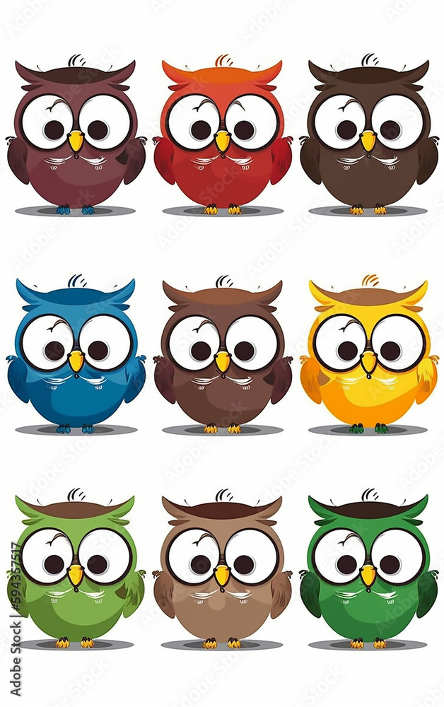 Brightly colored cartoon owls look on with expressions full of wonder, mischief, and delight, perfect for a child-friendly theme. Brightly colored cartoon owls look on with expressions full of wonder, mischief, and delight, perfect for a child-friendly theme.