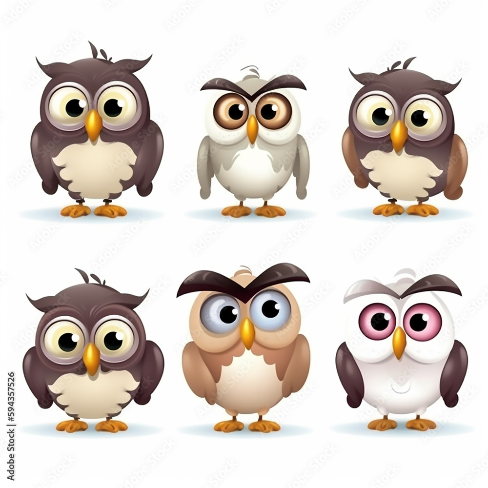 A set of brown cartoon owls, each with a unique facial expression, from stern and serious to wide-eyed and excited.