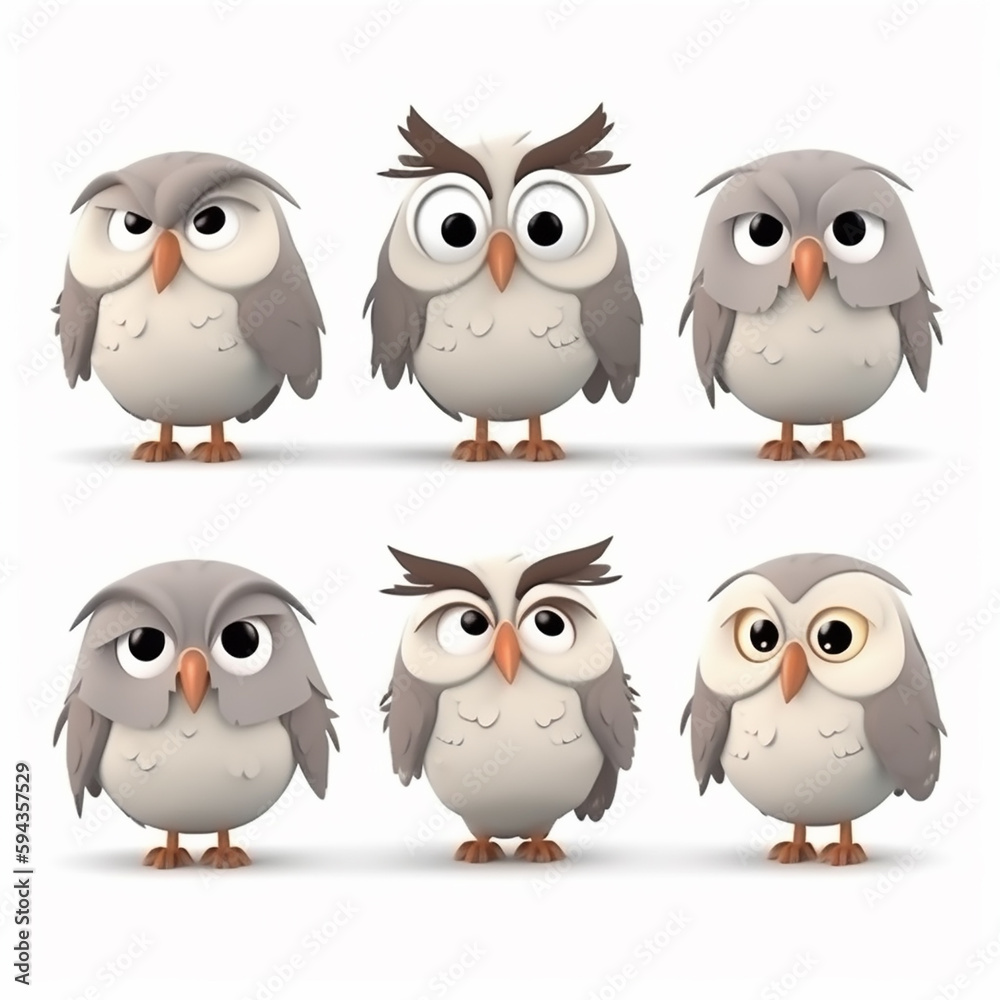 Fototapeta premium A charming array of owlets with endearingly grumpy and sleepy expressions, each character unique in its whimsical design.