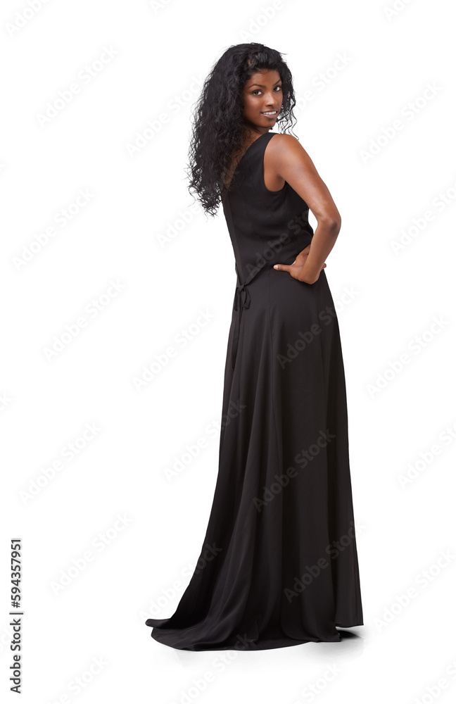 Back, portrait and fashion with a woman on a PNG background to model contemporary clothing style. Transparent, hand on hip and edgy with an attractive young indian female posing in a trendy dress