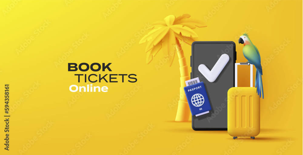 Summer travel 3d composition with yellow suitcase and palm with smartphone and passport with tropical bird, yellow online booking poster - obrazy, fototapety, plakaty 