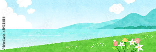 花咲く草原と水辺の風景 夏の自然の水彩背景イラスト