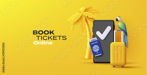Summer travel 3d composition with yellow suitcase and palm with smartphone and passport with tropical bird, yellow online booking poster
