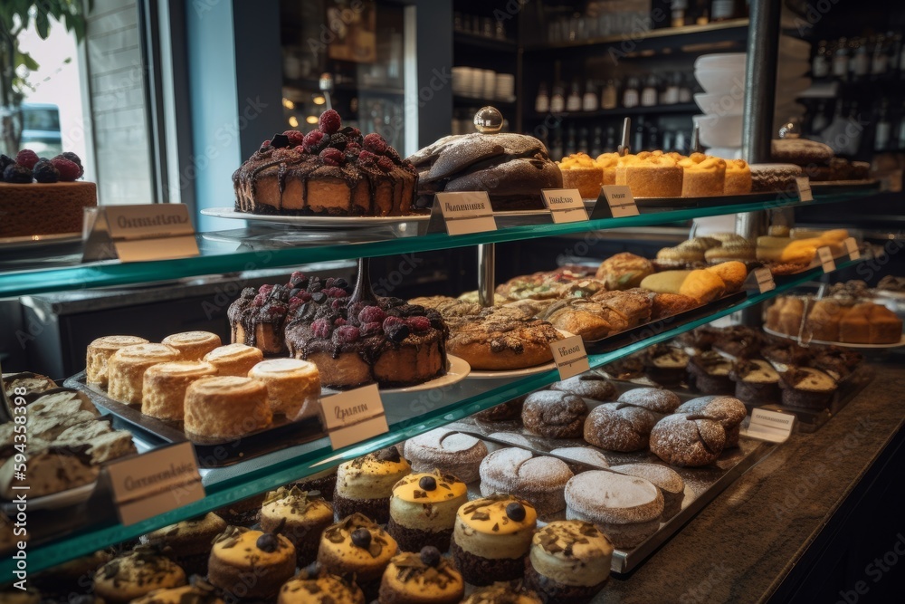A gluten-free bakery, with displays of fresh-baked vegan cakes, cupcakes, cookies and breads, enjoyed through alternative, natural ingredients. Generative AI A gluten-free bakery, with displays of fresh-baked vegan cakes, cupcakes, cookies and breads, enjoyed through alternative, natural ingredients. Generative AI