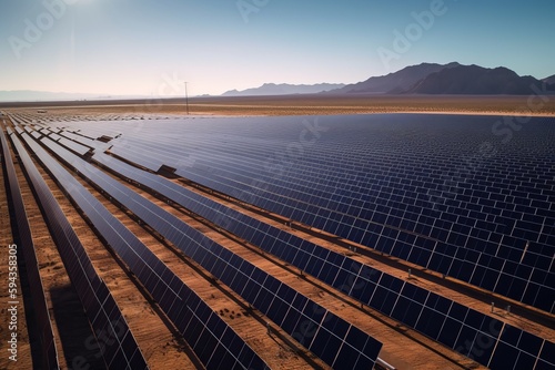 A vast solar energy farm, with rows of solar panels as far as the eye can see. The sheer scale hints at the potential for clean, renewable solar power.. Generative AI