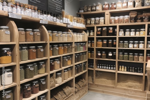 A health food store  with shelves of raw nuts and seeds  nutritional supplements  natural protein powders  cold-pressed oils  organic spices and fresh produce. Generative AI