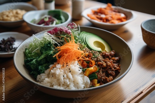 A meal consisting of veggie bibimbap, fresh salad dressed with edible flowers, bean chili and a kombucha tea. Minimally processed and naturally fermented food. Generative AI