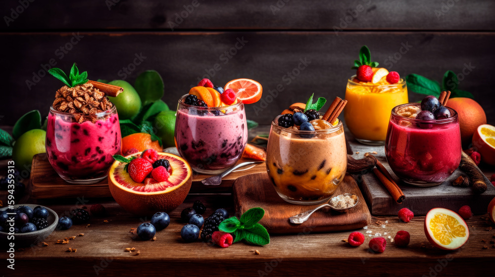 Freshly blended fruit smoothies of various colors and tastes. Generative AI Freshly blended fruit smoothies of various colors and tastes. Generative AI