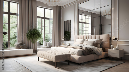 Glamour modern style interior design, contemporary bedroom with a plush bed and large windows
