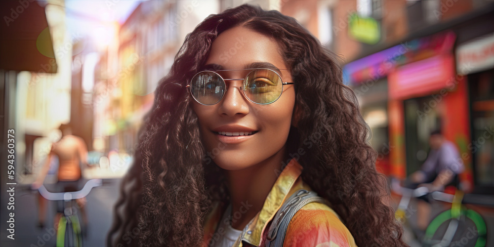 closeup of happy gen-z young adult ready to ride a bike in the city in the summertime - generative AI