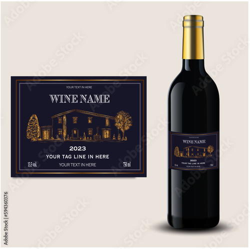 bottle of wine with label, gold stamping, chateau draw