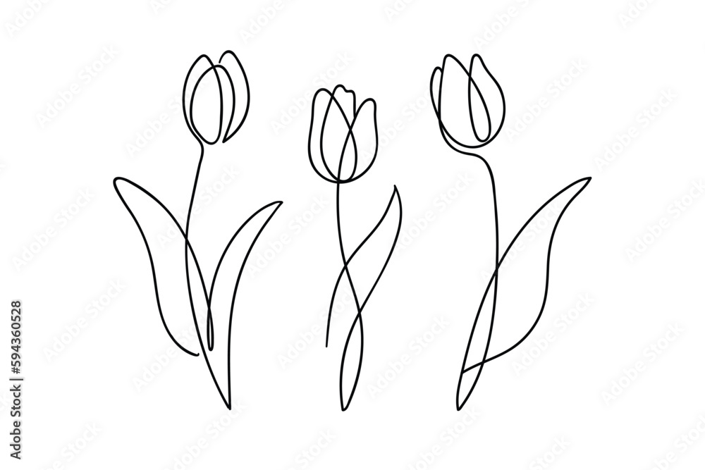 Tulip flower continuous line drawing. One line art. Stock Vector