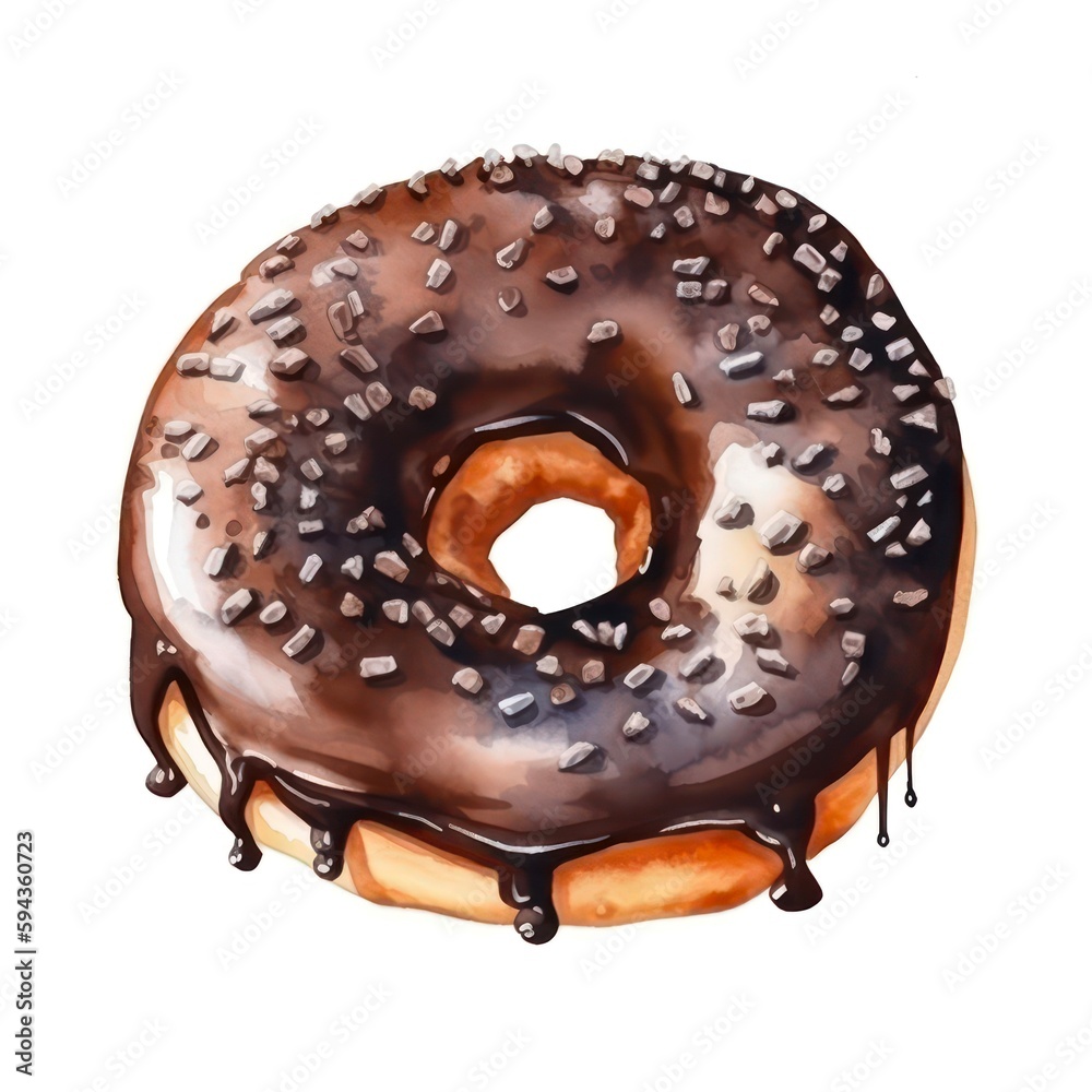 Watercolor illustration of a chocolate donut isolated on white background. Generative AI. Watercolor illustration of a chocolate donut isolated on white background. Generative AI.