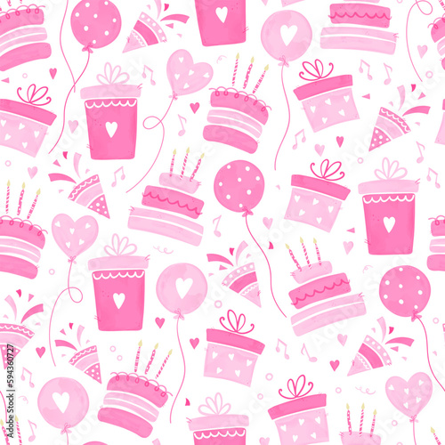 Fun hand drawn party seamless design with cakes, gift boxes, balloons and party decoration. Great for birthday parties, textiles, banners, wallpapers, wrapping - vector design