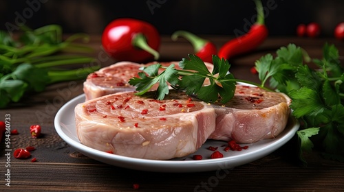 fresh raw pork chops with a parsley and chili by ai generative