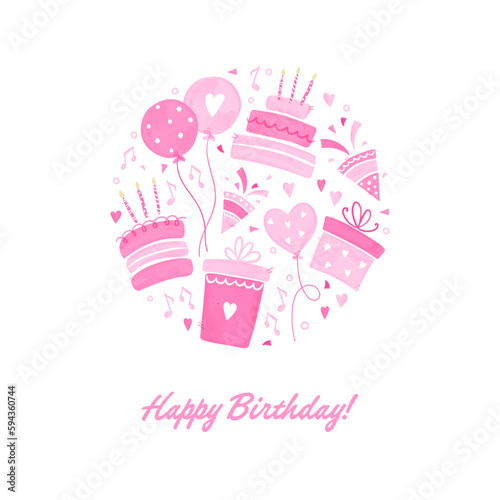 Fun hand drawn party design with cakes, gift boxes, balloons and party decoration. Great for birthday parties, textiles, banners, wallpapers, wrapping - vector design