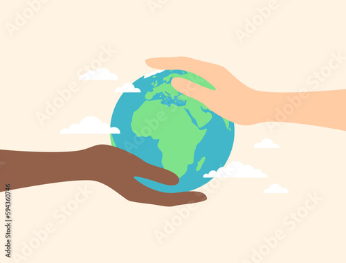 Two hands of people of different ethnicities holding planet Earth on a beige background. Flat vector illustration