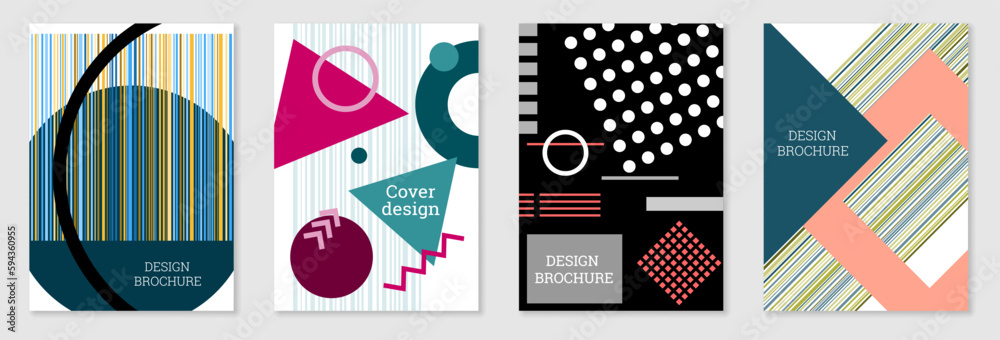Set of cover design in Memphis style. Geometric design, abstract background. Fashionable bright cover, banner, poster, booklet. Creative colors. Set of cover design in Memphis style. Geometric design, abstract background. Fashionable bright cover, banner, poster, booklet. Creative colors.