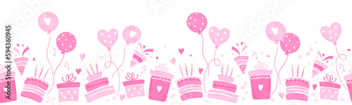 Fun hand drawn party seamless design with cakes, gift boxes, balloons and party decoration. Great for birthday parties, textiles, banners, wallpapers, wrapping - vector design