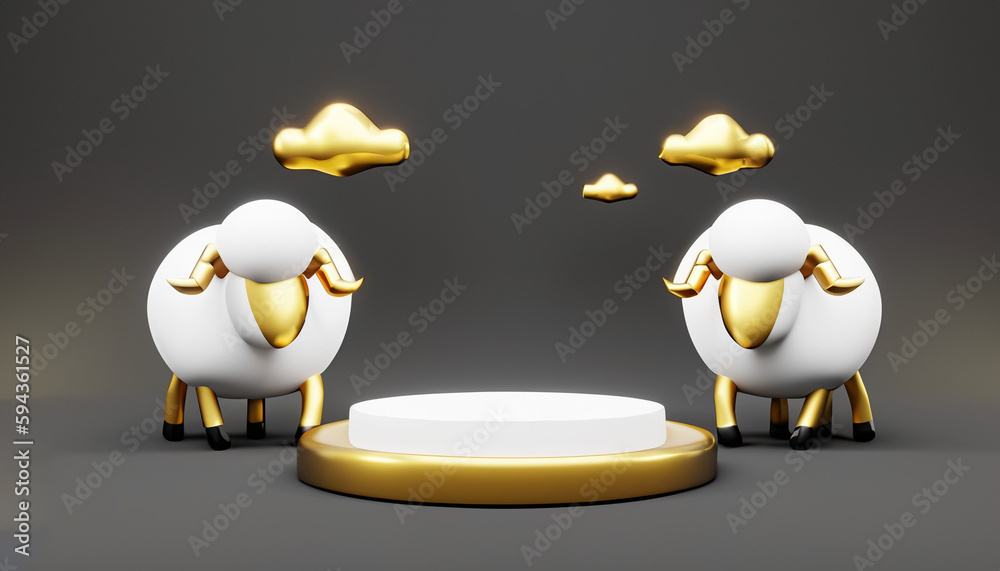 Obraz premium 3D Podium Product Display of eid-al-adha mubarak with cute goat animal gold black elegant background