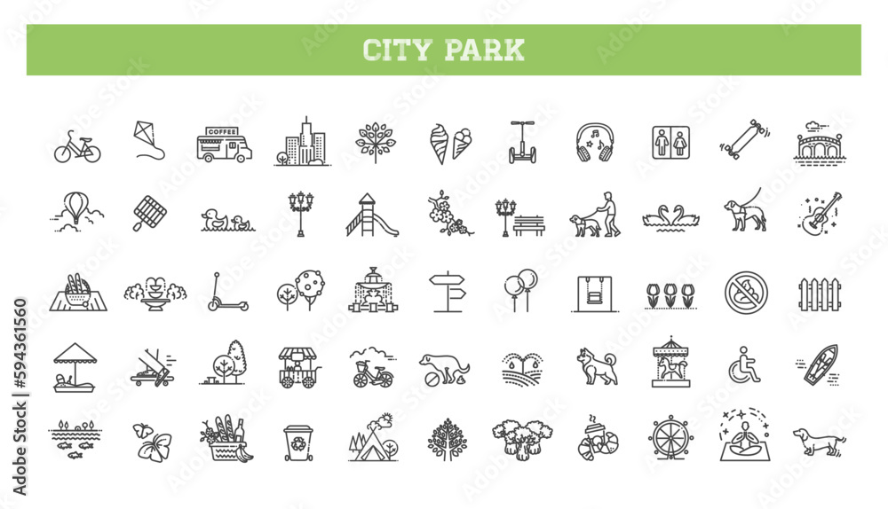 City park icons set. The open plot of land for recreation - obrazy, fototapety, plakaty 