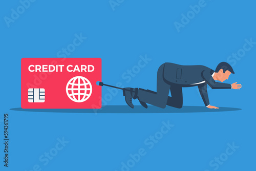 Credit card burdens. Businessman under the weight of debt obligations. Big debt chained to the leg of a businessman. Vector illustration flat design. Isolated on white background.