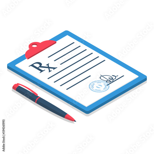 Clipboard with a pen. Rx prescription form. Doctor writing prescription. Medical prescription pad. Vector illustration isometric 3d design style. Medical background, template.