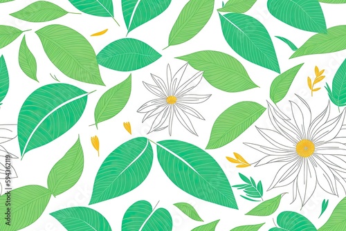 Ficus leaves pattern  flowers background. Seamless flat painting. Beautiful tribal generative ai art background