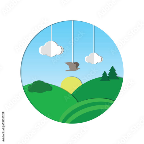 Paper cutout style illustration with shadows, simple vector of a fields, grass, blue sky, clouds and a bird, cartoon style decoration for nursery, kid's room, children's book.
